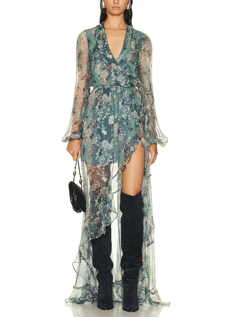 Caroline Constas Ruffled Slate Ombre Floral Vivian Gown Size L